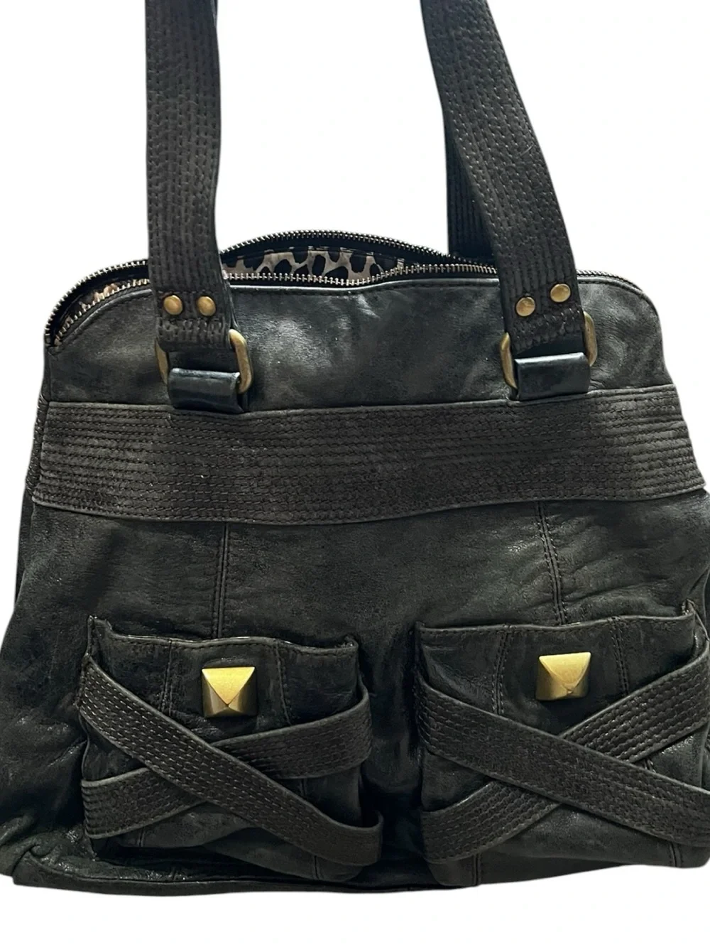 Steven By Steve Madden Gray Leather Shoulder Bag with Gold Accents EUC